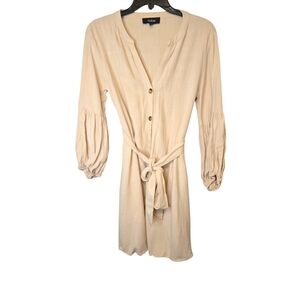 Aakaa Khaki Colored Linen Blend 3/4 Puff Sleeve Button Down Dress Size Small